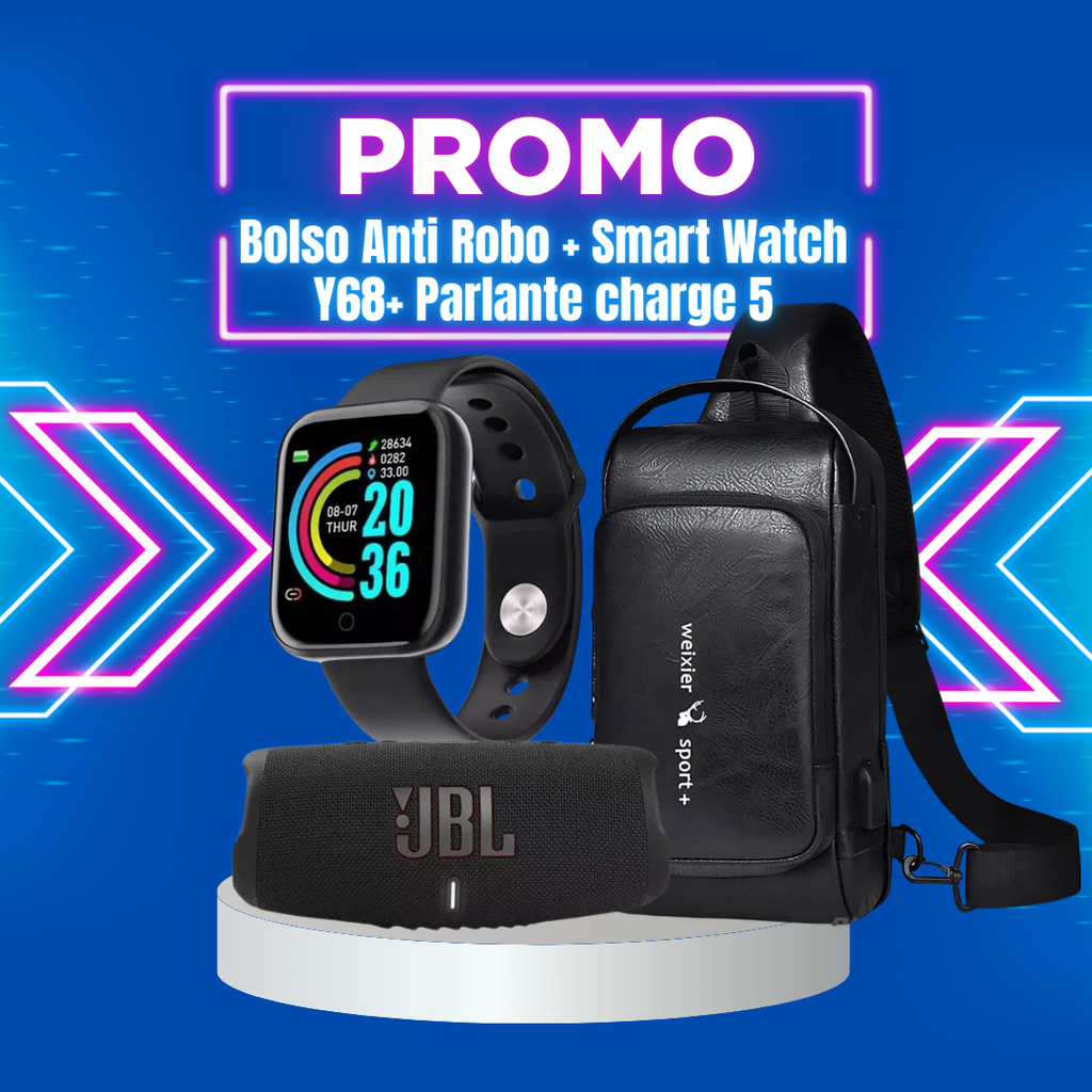 COMBO BOLSO ANTIROBO + SMART WATCH Y68 + PARLANTE CHARGE 5