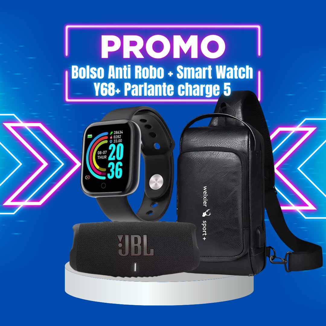 COMBO BOLSO ANTIROBO + SMART WATCH Y68 + PARLANTE CHARGE 5